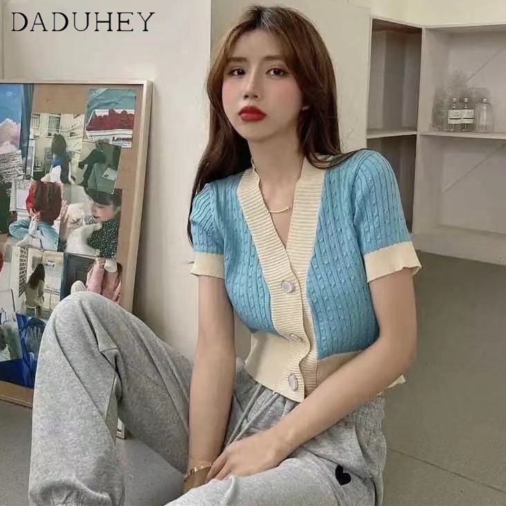 Ảnh Áo DADUHEY tay ngắn chữ V dệt kim dáng rộng 4 màu tùy chọn thời trang cho nữ 2023 4