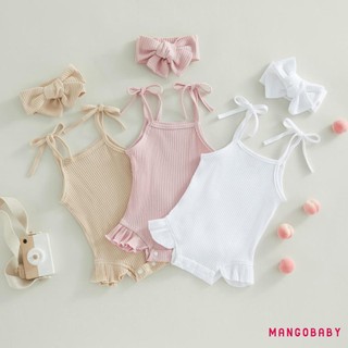 Mgg-infant Girls Romper Màu trơn dệt kim có gân buộc dây Spaghetti Dây đeo không tay Xù Bộ đồ liền thân cho bé có băng đô