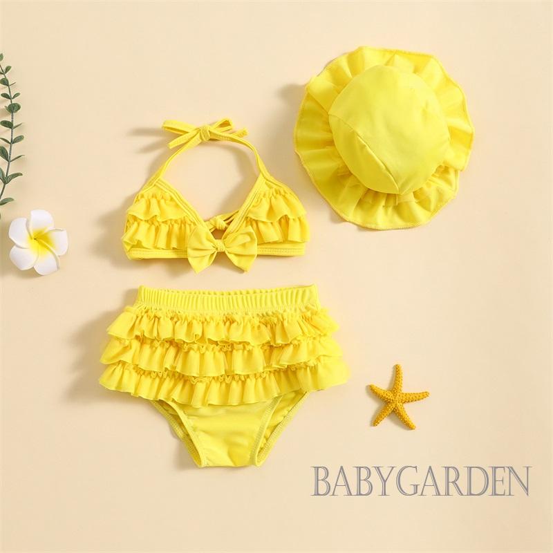 Set Đồ Bơi Mùa Hè Gồm Áo Cổ Treo + Quần Nhiều Lớp + Mũ Cho Bé Gái
