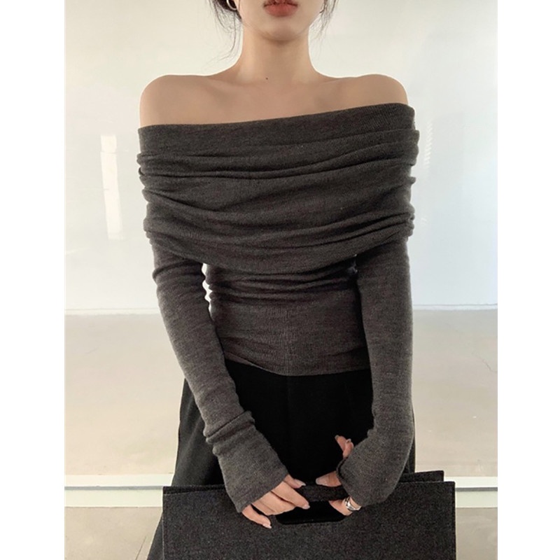 Suxi Mùa Xuân Mới Màu Trơn Một Dây Đeo Vai Dệt Kim Nữ Slim Fit Áo Len Dài Tay