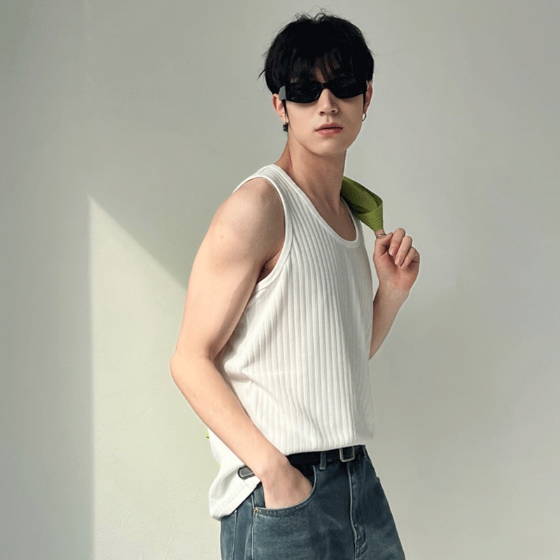 ThaliaWisp Áo vest nam phiên bản Hàn Quốc của áo thun cotton không tay cơ bản mùa hè đơn giản màu trơn sọc hố dày phù hợp hàng đầu dệt kim