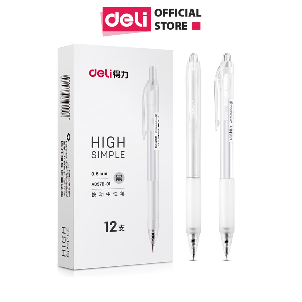 Hộp 12 Bút Gel A057B Bút Bi Nước Mực Đen Deli Thiết Kế Vỏ Trong Suốt Ngòi 0.5mm có ngòi thay thế