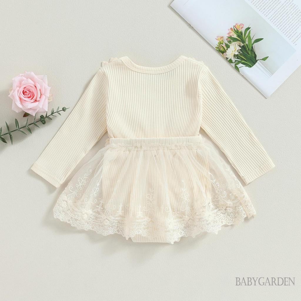 Bộ Áo Liền Quần Tay Dài Cổ Tròn Phối Voan Hoa Dành Cho Bé Gái 0-18 Tháng Tuổi