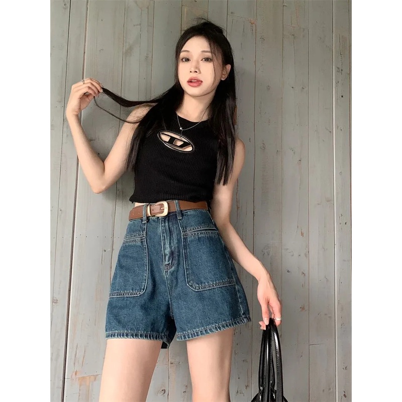 SUXI Quần Short Denim Lưng Cao Ống Rộng Phong Cách Hàn Quốc Thời Trang Mùa Hè Cho Nữ
