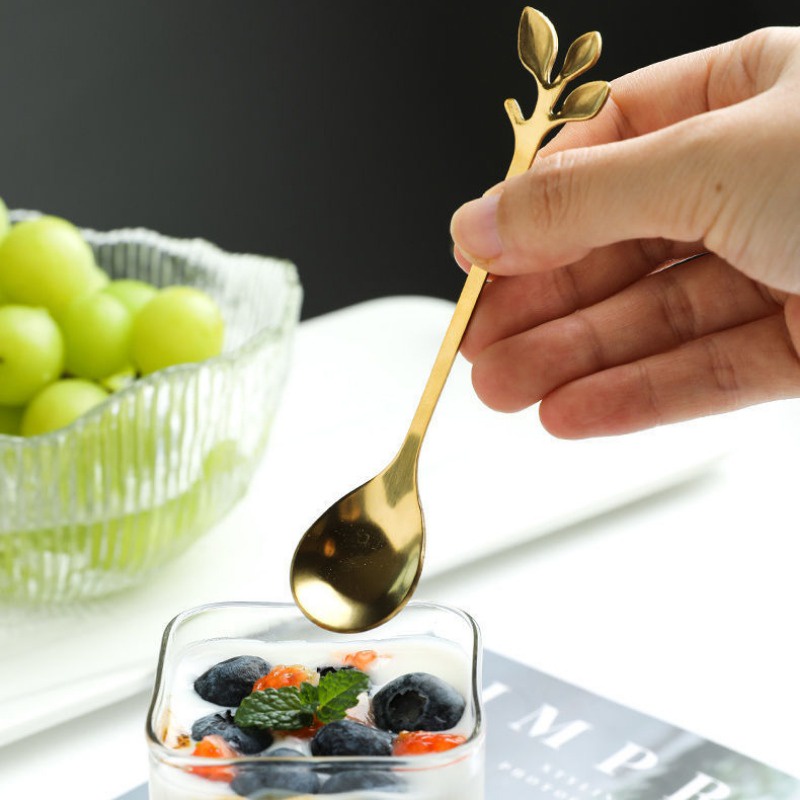 [đặc Trưng] muỗng đào bánh kem / bộ đồ ăn tinh tế có thể tái sử dụng / nĩa trái cây bằng thép không gỉ anti-drop fruit / easy-cleaning coffee milk ladle / art branch leaf styling spoon
