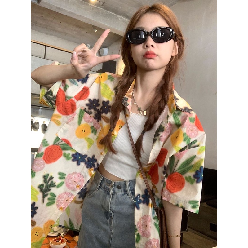 SUXI Áo Sơ Mi Hoa Mỏng Ngắn Tay Dáng Rộng Thời Trang Hè Sành Điệu