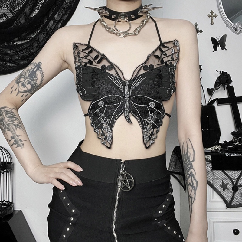Pealike Nữ Dark Gothic Hình Bướm Áo Ngực Dây Lưng Sheer Ren Crop Top