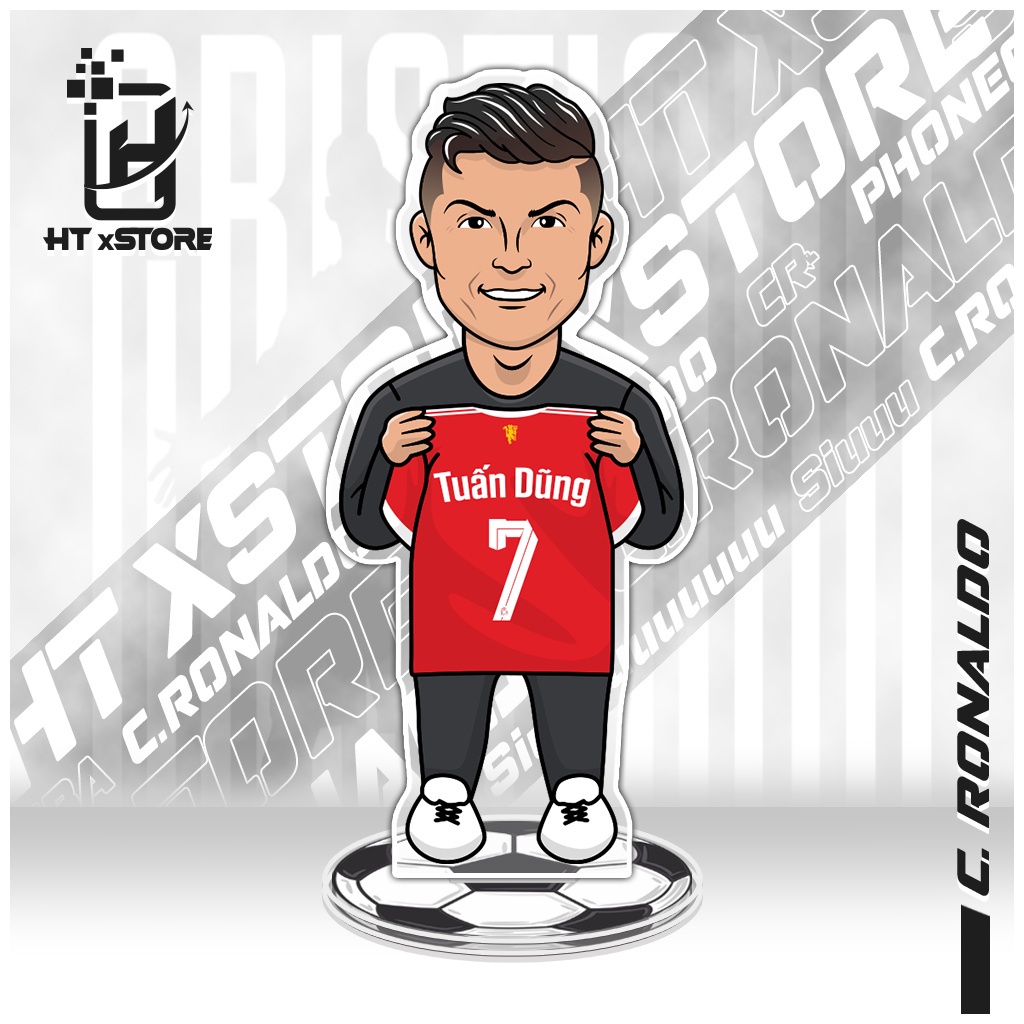 Mô hình standee in hình cầu thủ Cristiano Ronaldo CR7 cầm áo bóng đá in tên và số áo theo yêu cầu khách hàng