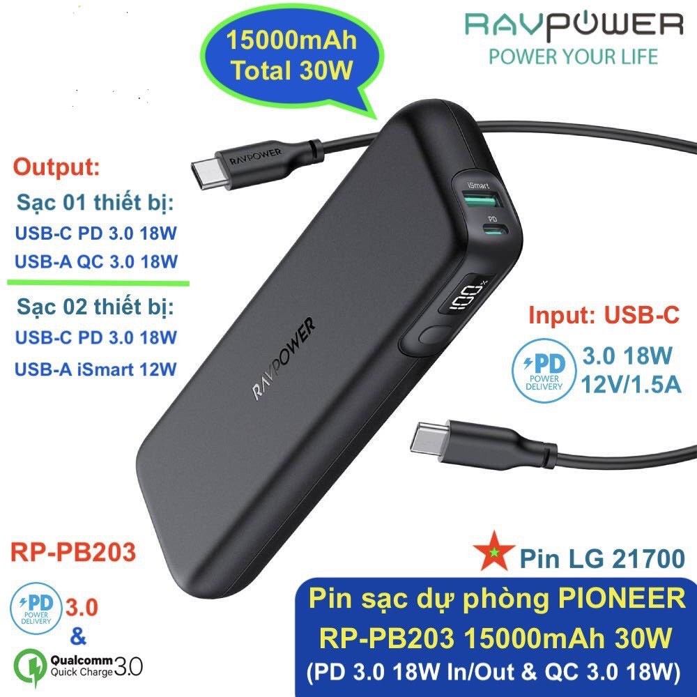 Pin sạc dự phòng RAVPOWER RP-PB203 Pioneer 15000mAh 30W (PD 3.0/ QC 3.0 ...