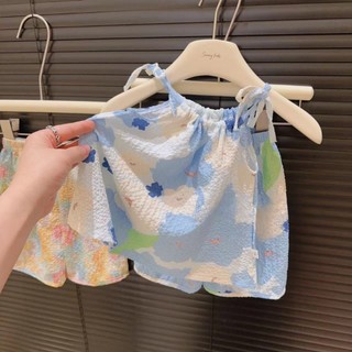 Tập Đi Bé Gái Quần Áo Mùa Hè Sling 2 Bộ Trang Phục Hoa Không Tay Bé Gái Bộ Quần Áo
