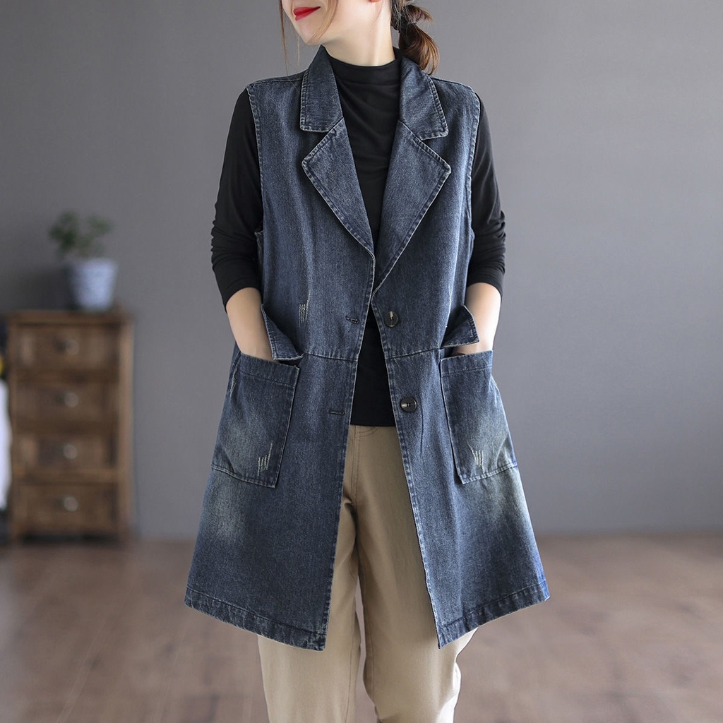 Plus Kích Thước Vintage Giữa Chiều Dài Denim Mới Rời Lắp Áo Vest Phù Hợp Với Cổ