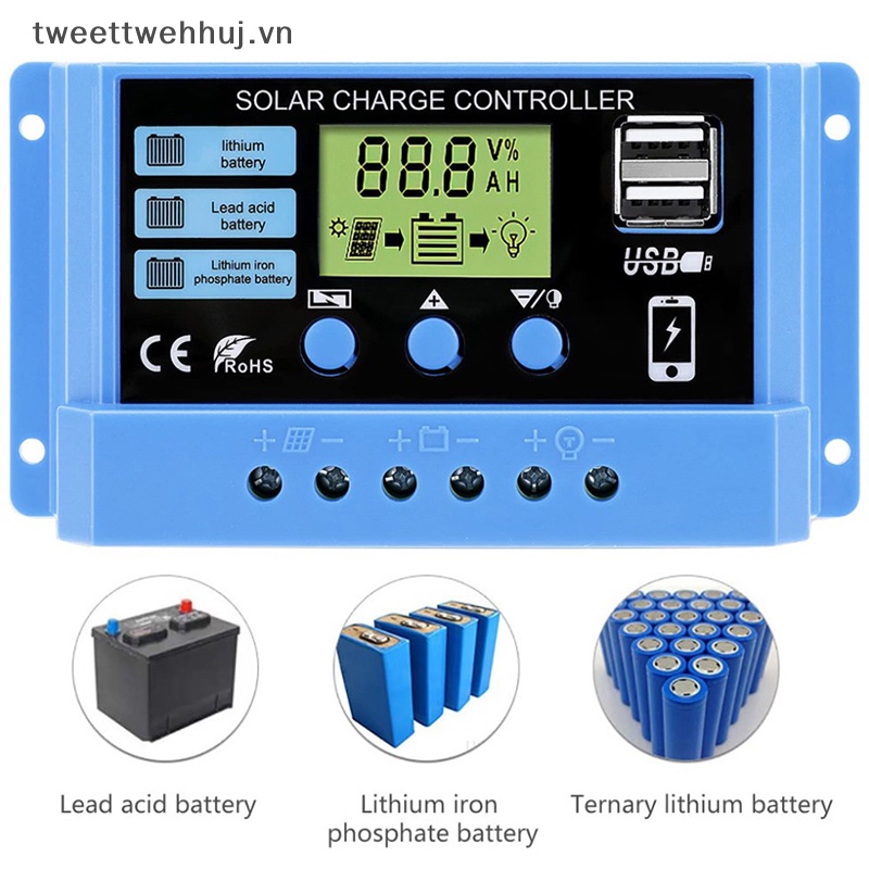 Bộ Điều Khiển Sạc Năng Lượng Mặt Trời Tự Động TWE 30A 20A 10A 12V 24V Có Màn Hình LCD
