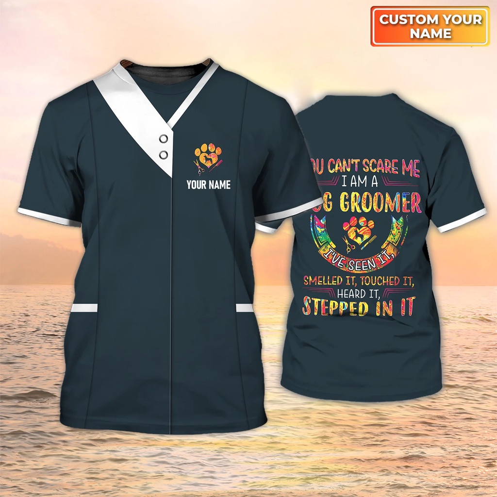 Dog grooming tên cá nhân đồng phục t-shirt pet groomer workwear tees mùa hè thường unisex quần áo quá khổ tay ngắn