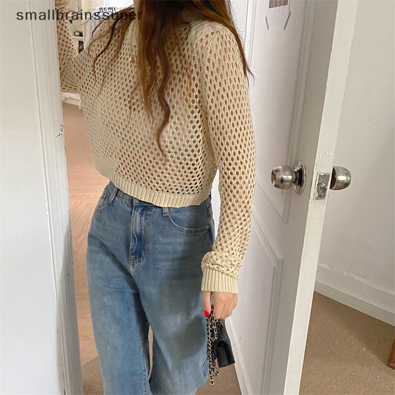 Smallbrainssuper phụ nữ mùa hè màu rắn cổ tròn rỗng ra dài tay áo đơn giản lỏng dệt kim hàng đầu sbs