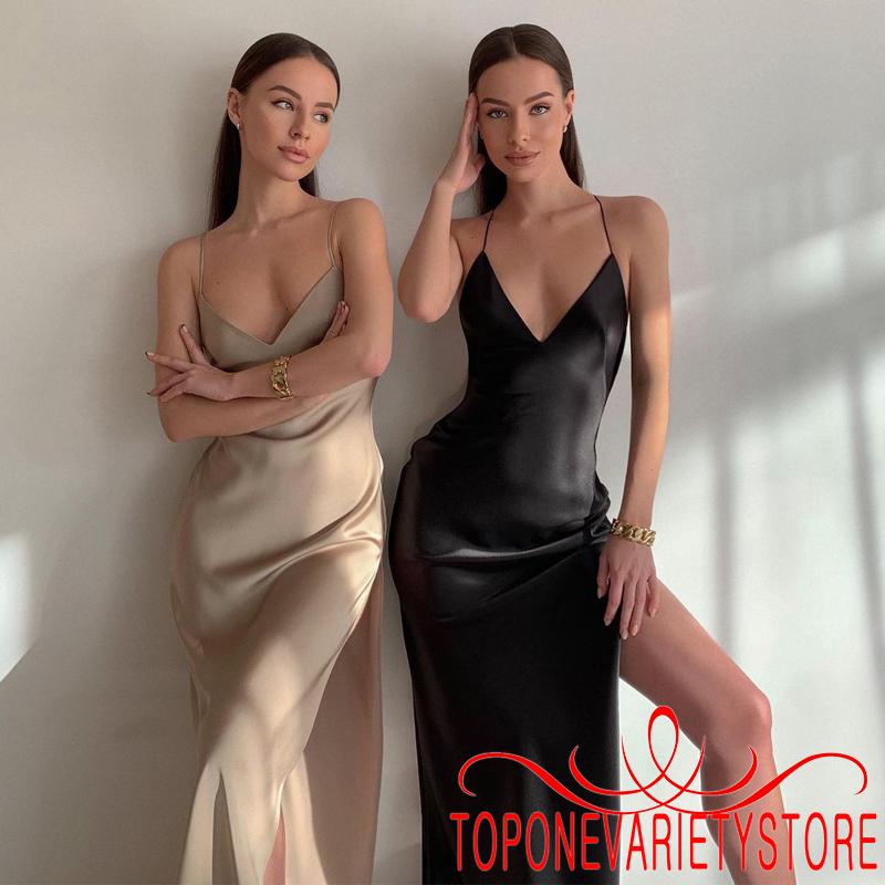 Topone-nữ Vintage Gợi Cảm Chia Đầm Cổ Chữ V Đầm Maxi Mùa Hè Dạ Hội Câu Lạc Bộ Váy Thanh Lịch