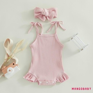 Mgg-infant Girls Romper Màu trơn dệt kim có gân buộc dây Spaghetti Dây đeo không tay Xù Bộ đồ liền thân cho bé có băng đô