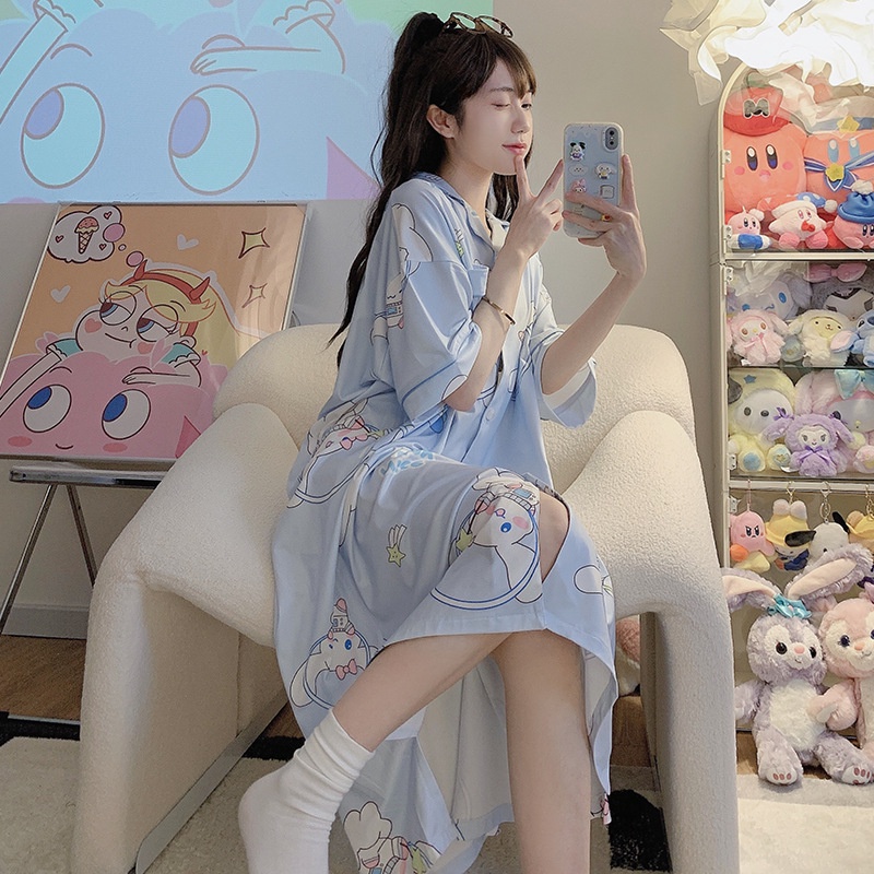 Váy Ngủ	Pyjama Đầm Ngủ Dáng Rộng Họa Tiết Hoạt Hình Thời Trang Mùa Hè Cho Nữ 100kg luyoo32