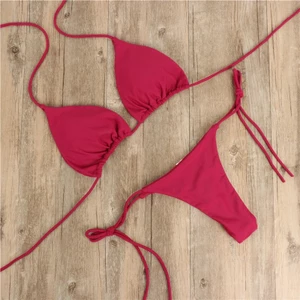 Set bikini 2 mảnh màu trơn dây đeo cổ thời trang cho nữ