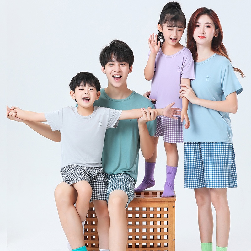 Quần áo gia đình dành cho cha mẹ và con cái Size 90-180 Áo thun ngắn tay Phù hợp với nam nữ Quần Short mỏng Phong cách trẻ em Hợp thời trang Mùa hè Bộ đồ ngủ X