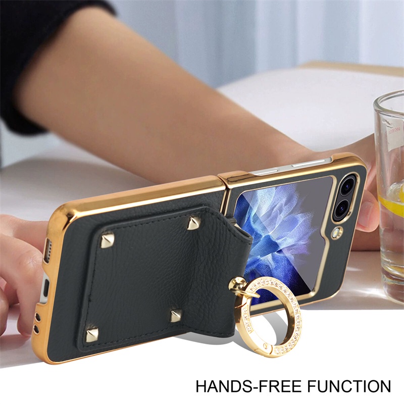 Bao da mạ sang trọng với vòng & dây đeo tay bản lề máy ảnh vỏ bảo vệ màn hình cho samsung galaxy z flip 5 z flip 4 z flip 3 vỏ điện thoại chống sốc