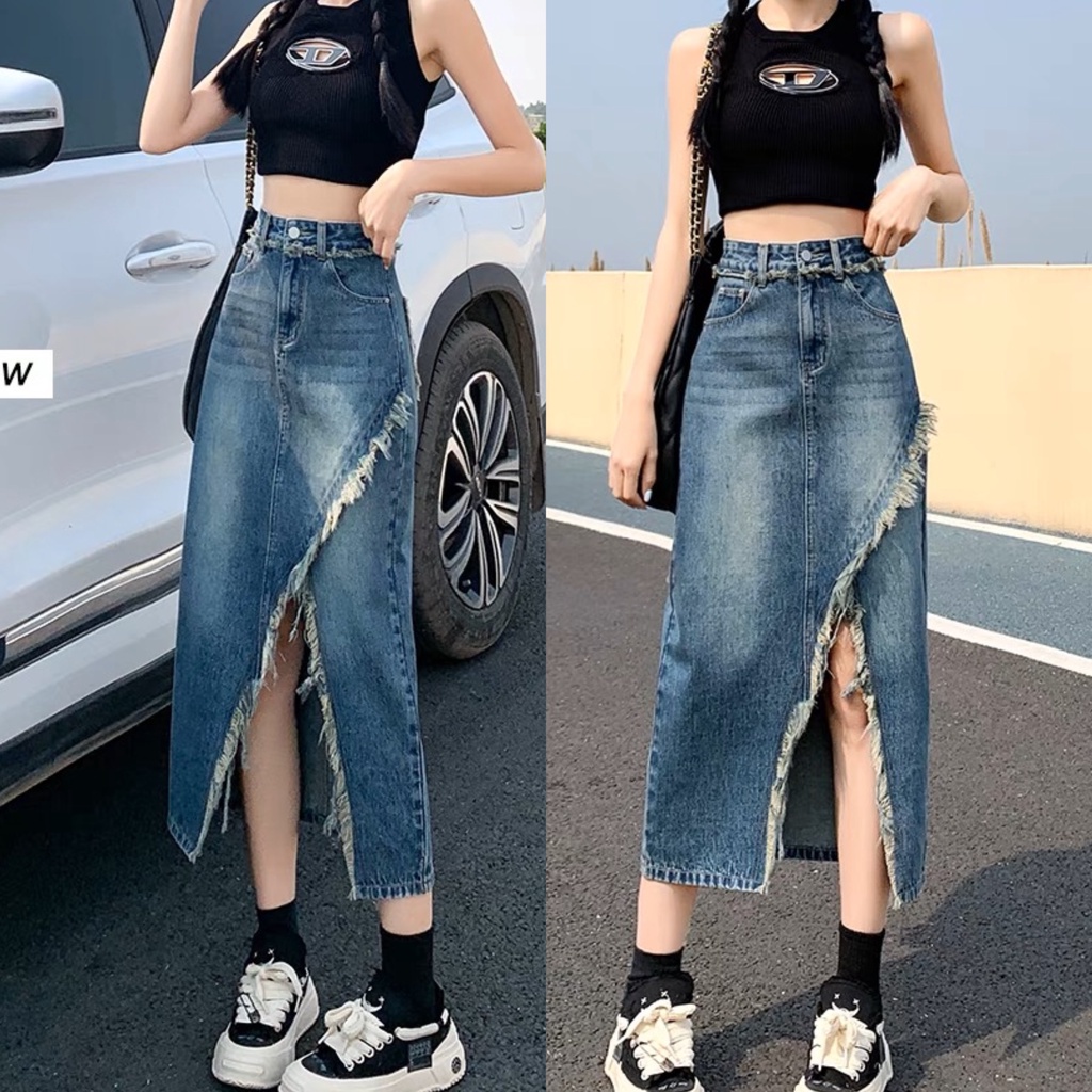 Chân Váy jean Dài Cạp Cao Dáng Dài Rách Vạt Chéo dành cho BigSize 55 ...