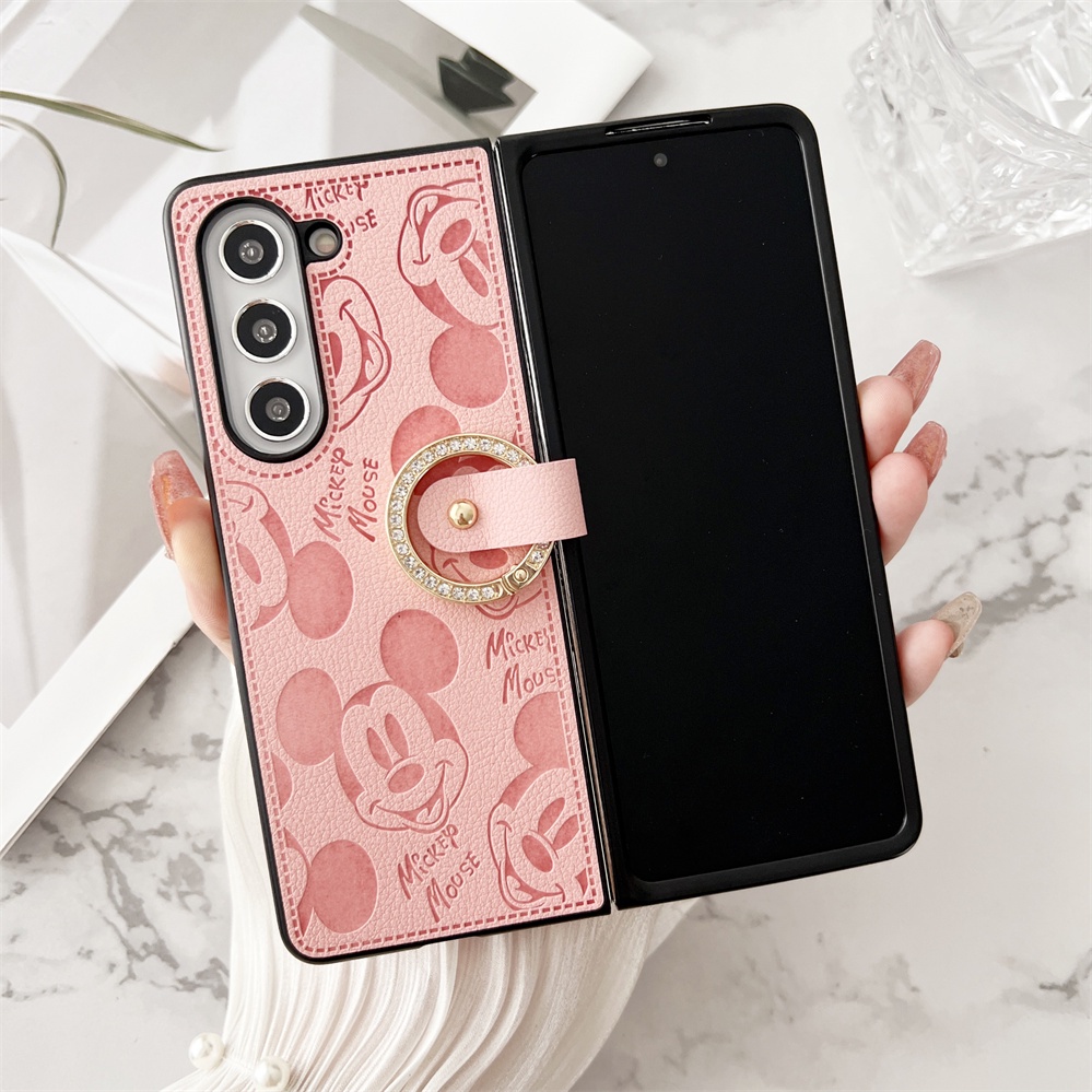 Dành Cho Samsung Galaxy Z Fold 7 6 5 4 3 2 Da PU Cổ Điển Hình Chuột Mickey Đơn Giản Chống Sốc Ốp lưng Cho Z Fold7 Có Dây Buộc Vòng Ngón Tay Gấp Ốp lưng