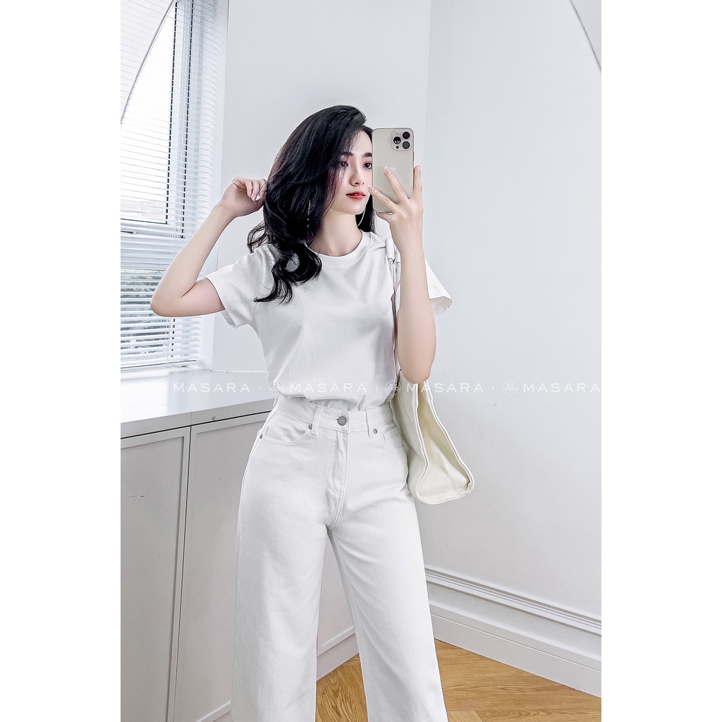 Quần jean MASARA suông trắng phối line xanh