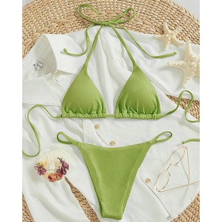 Bộ Đồ Bơi Bikini Hai Mảnh Bằng Vải Dệt Kim Mềm Màu Trơn Dành Cho Bạn Nữ