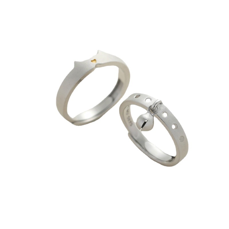S925 Bạc Mèo Tai Chuông Cặp Đôi Nhẫn Dễ Thương Mở Đầu Có Thể Điều Chỉnh Nam Nữ Cặp Đôi Nhẫn