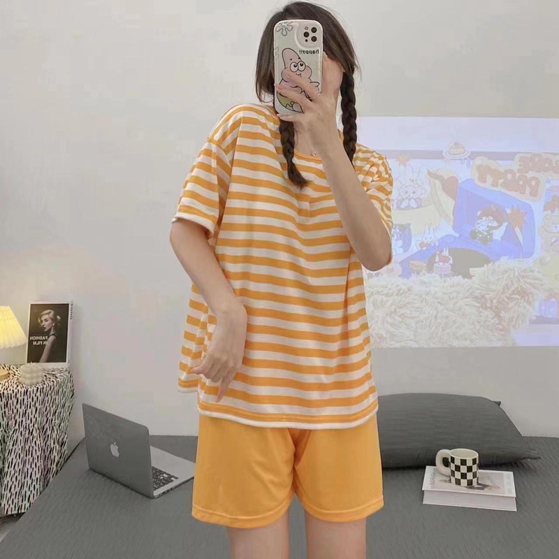 Váy Ngủ	Pyjama Bộ Đồ Ngủ Áo Tay Ngắn Cổ Tròn Có Đệm Ngực Và Quần Short Họa Tiết Kẻ Sọc Dành Cho Nữ [luyoo32]