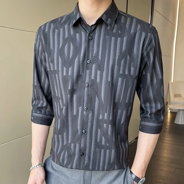 LUCKYSUN Áo Sơ Mi Tay Ba Phần Tư Nam Thời Trang Mùa Hè Sọc Ba Phần Tư Áo Sơ Mi Nam Mùa Hè Ve Áo Nút Áo Sơ Mi Không Sắt Áo Sơ Mi Nam Thường Ngày Mặc Du Lịch Hàng Ngày