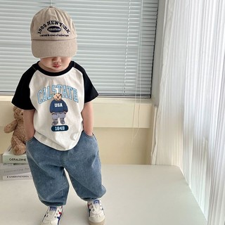 Mùa Hè Trẻ Em Phong Cách Mới Cotton Nguyên Chất Khâu Hoạt Hình Gấu Tay Ngắn Bé Trai Rời Áo Thun Nhỏ Vừa Trẻ Em