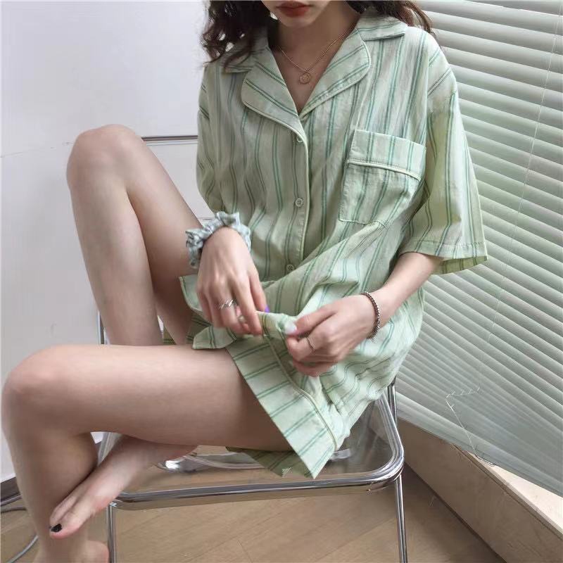 Váy Ngủ, Bộ Ngủ Nữ Mùa Hè , Quần áo Mặc Nhà Nữ Cute Ngắn Tay Cardigan Hai Mảnh Lưới Sinh Viên