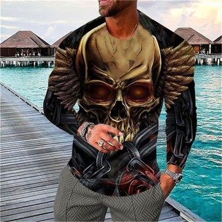 Áo Thun Tay Dài Cổ Tròn In Hình Đầu Lâu 3D Phong Cách Hip Hop Thời Trang Cho Nam