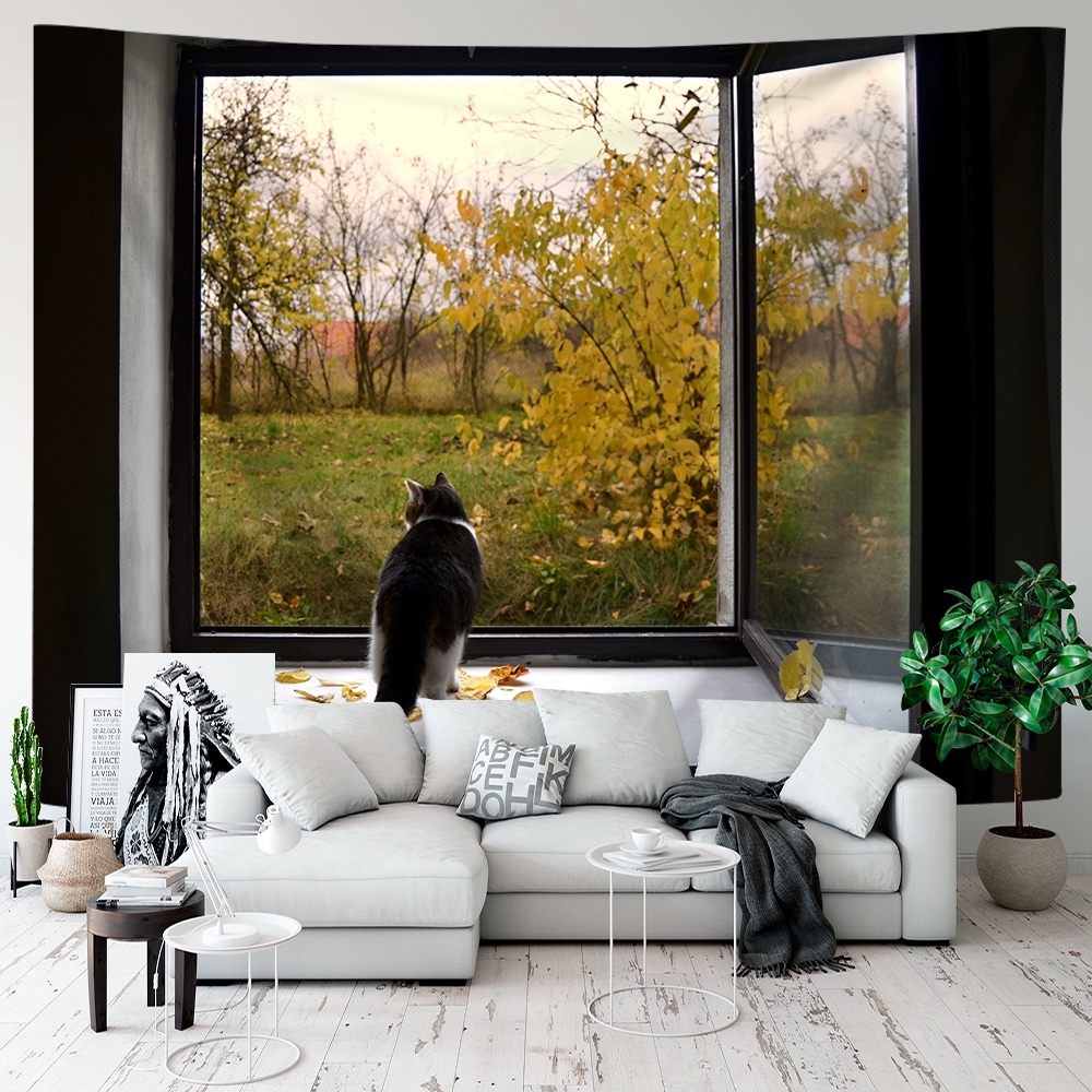 Phong cảnh qua cửa sổ tấm thảm treo tường có kẹp tấm thảm polyester phòng ngủ tấm thảm treo tường trang trí phòng quà tặng (có kẹp)