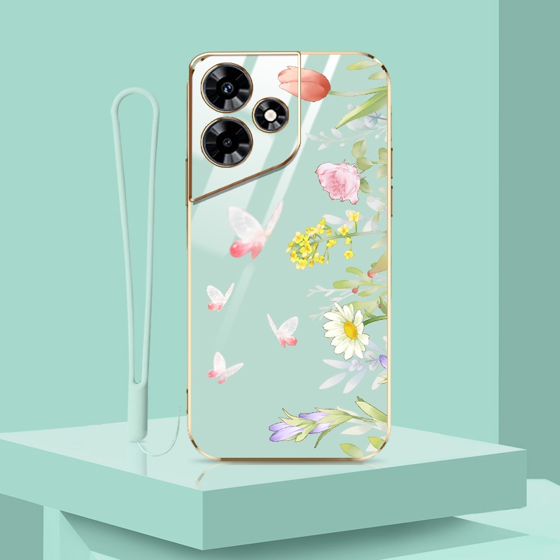 Ốp Điện Thoại Mạ Điện Sang Trọng Cho Infinix Smart 8 X6525 Hot 30 Play Hot 30i Tecno Spark Go 2024 Spark 20 POP 8 X6831 X669 Họa Tiết Hoa Bướm Phong Cách INS Có Dây Buộc