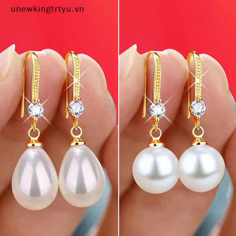 Khuyên Tai Đính Hạt Ngọc Trai Hình Giọt Nước / Hình Oval Màu Đỏ / Trắng Thời Trang Sang Trọng Cho Nữ