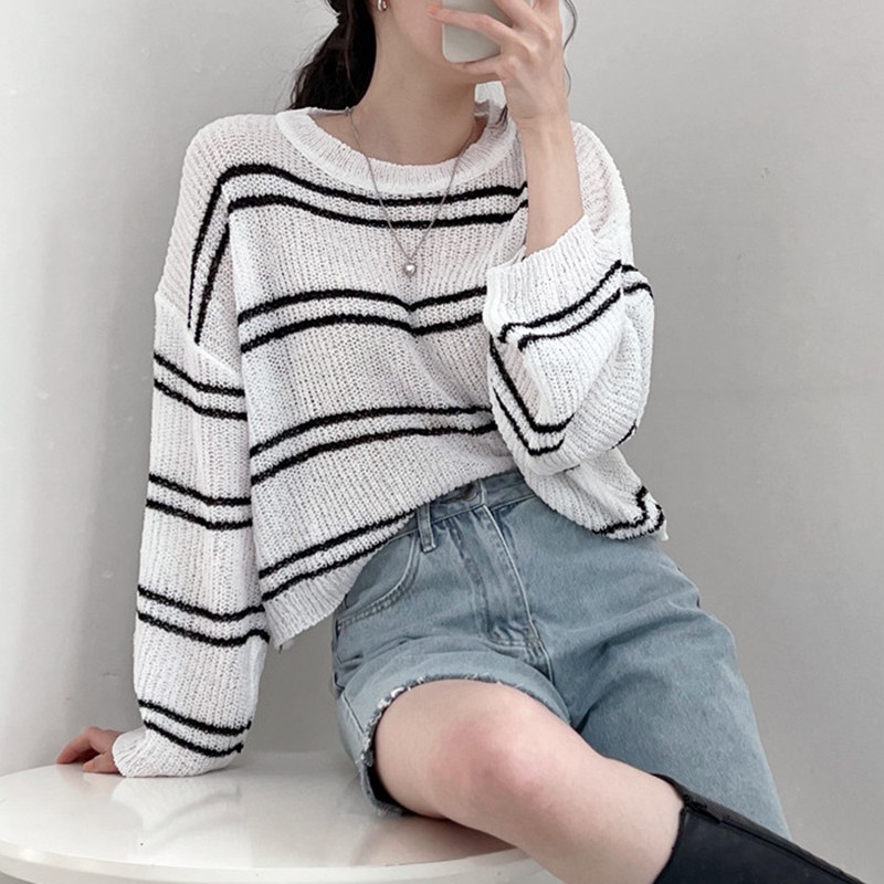 Áo dệt kim SUXI tay dài dáng rộng họa tiết kẻ sọc phong cách Hàn Quốc thời trang mùa hè xinh xắn cho nữ