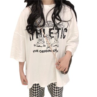 Áo Harajuku BF học sinh phóng khoáng và đa năng in hình hoạt hình năm phần tư tay cổ cao đáy sơ mi thủy tri