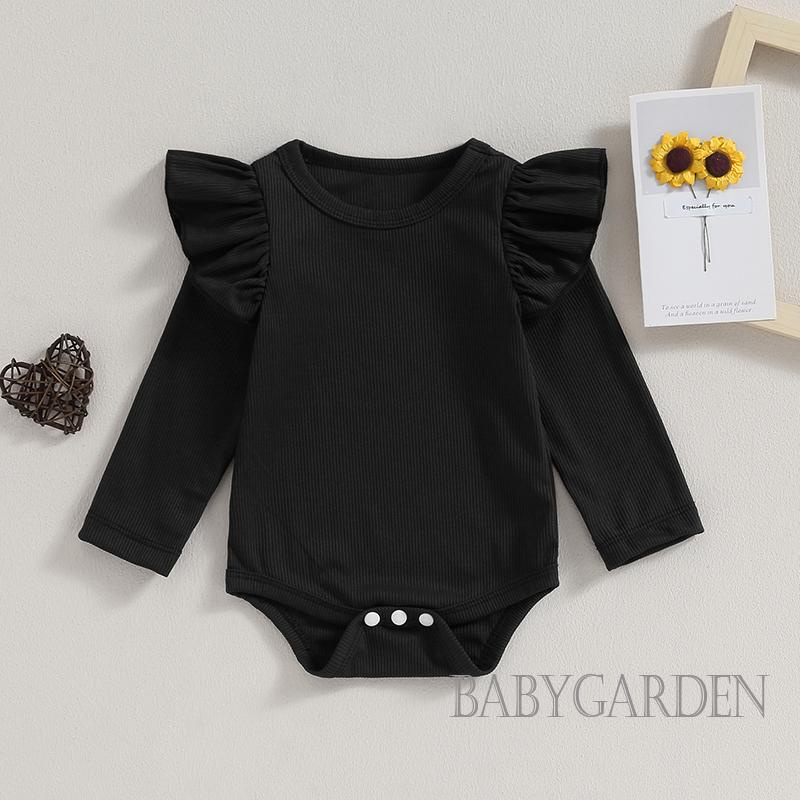 // -baby Girl fall romper ruffle dài tay áo phi hành đoàn cổ rắn màu bộ đồ sơ sinh