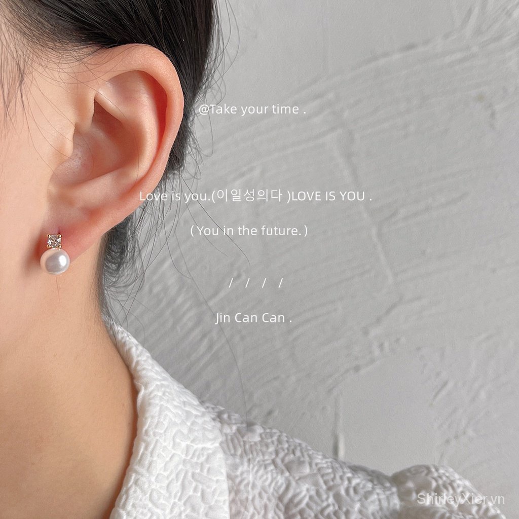 Ngọc trai nước ngọt ~ Bông tai đơn giản kim bạc mạ 14k Micro Zircon dễ phối đồ cao cấp phụ kiện thời trang Nữ Thanh Lịch Kiểu Pháp 925