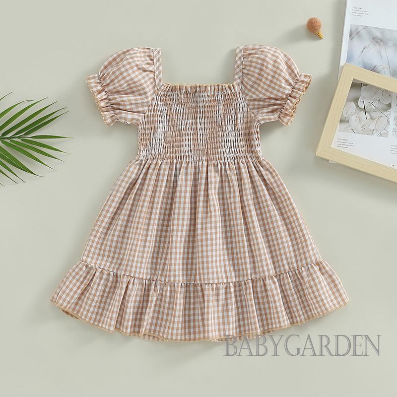 Đầm Chữ A Tay Phồng Ngắn Họa Tiết Sọc Caro Thời Trang Mùa Hè Cho Bé Gái 1-4 Tuổi