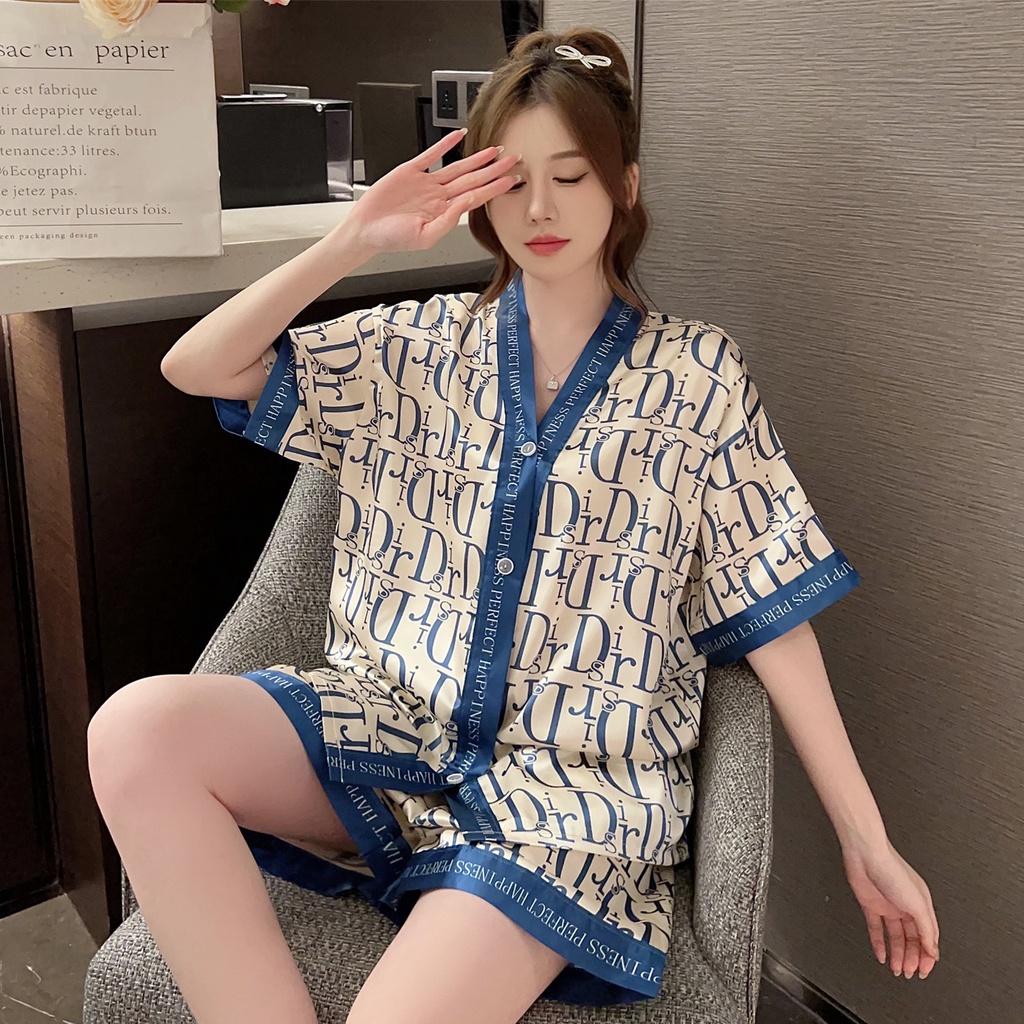 Bộ đồ ngủ tay ngắn chất lụa lạnh họa tiết hoạt hình thời trang mùa hè cho nữ lff0731