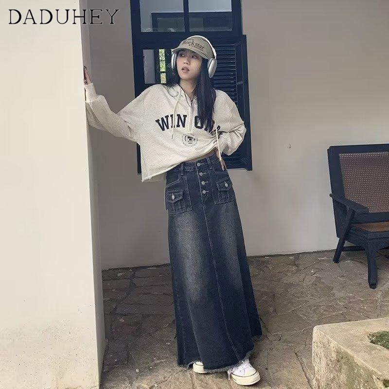 Ảnh DaDuHey New American Ins High Street Retro Denim Skirt Niche High Waist A- line Skirt Large Size Bag Hip Skirt 3