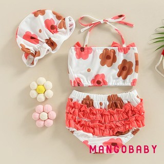 Mgg-bộ đồ bơi ba mảnh cho bé gái, Bộ Bikini dây in hoa Bộ đồ tắm có mũ bơi