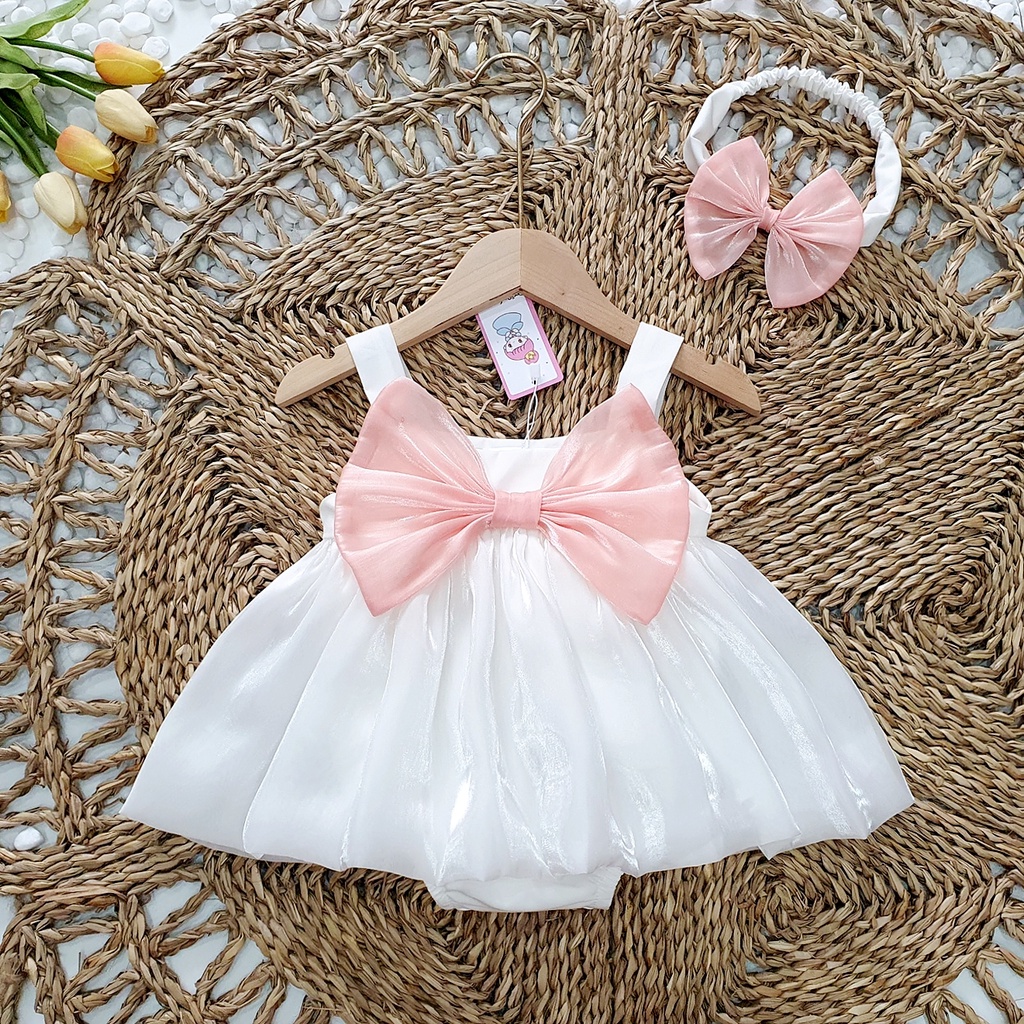Set váy voan 2 dây bé gái sơ sinh kèm nơ MINTSCLOSET Mints Closet đầm trắng em bé 1 2 tuổi - BV7054