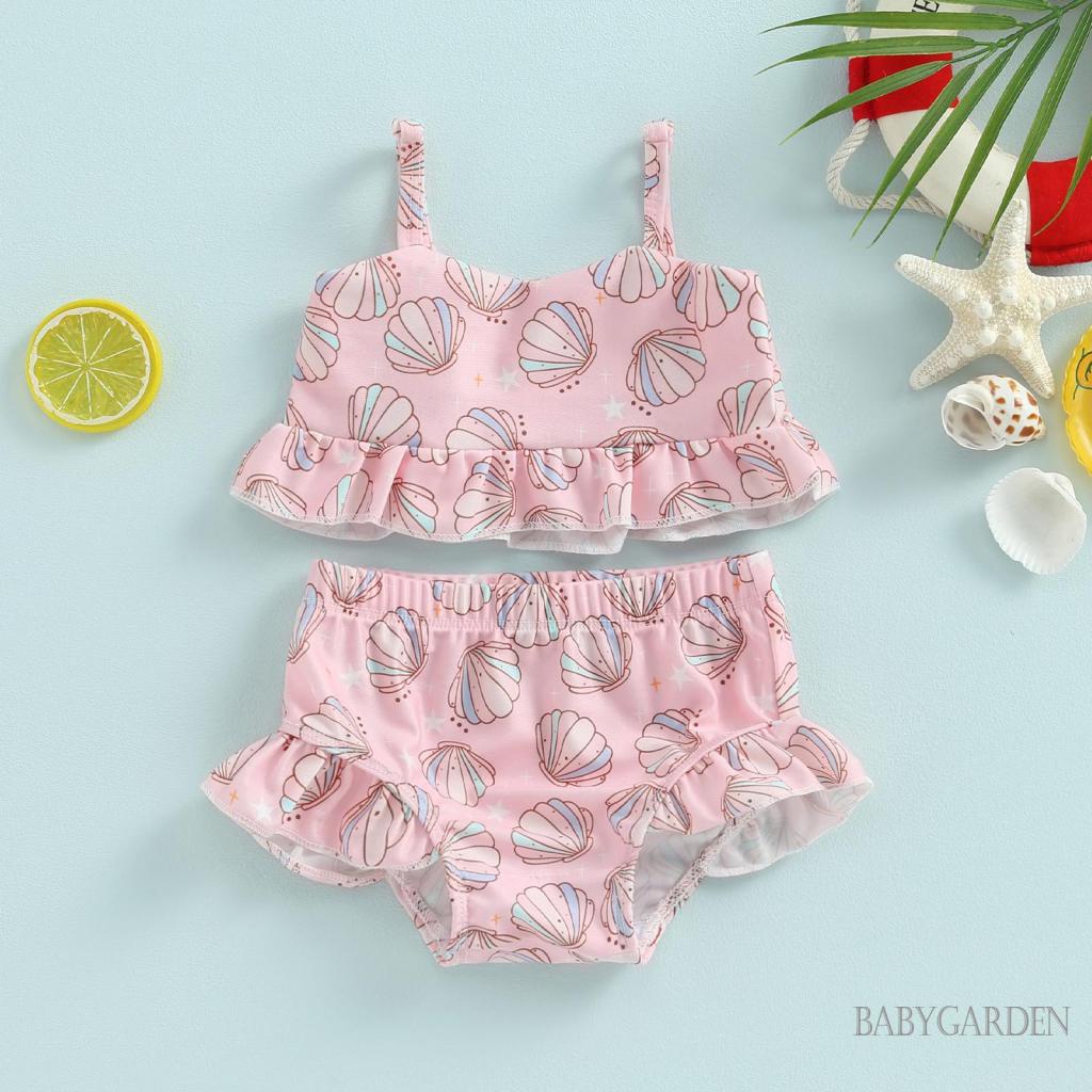 Bộ Đồ Bơi Hai Mảnh Không Tay + Quần Ngắn Nhún Bèo Thời Trang Đi Biển Cho Bé Gái 6 Tháng Tuổi