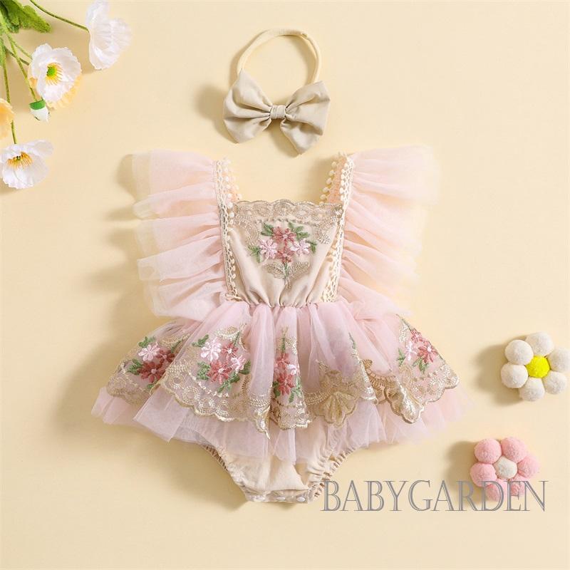 Baga-trẻ sơ sinh bé gái romper với băng đô thêu hoa fly tay áo quần áo mùa hè