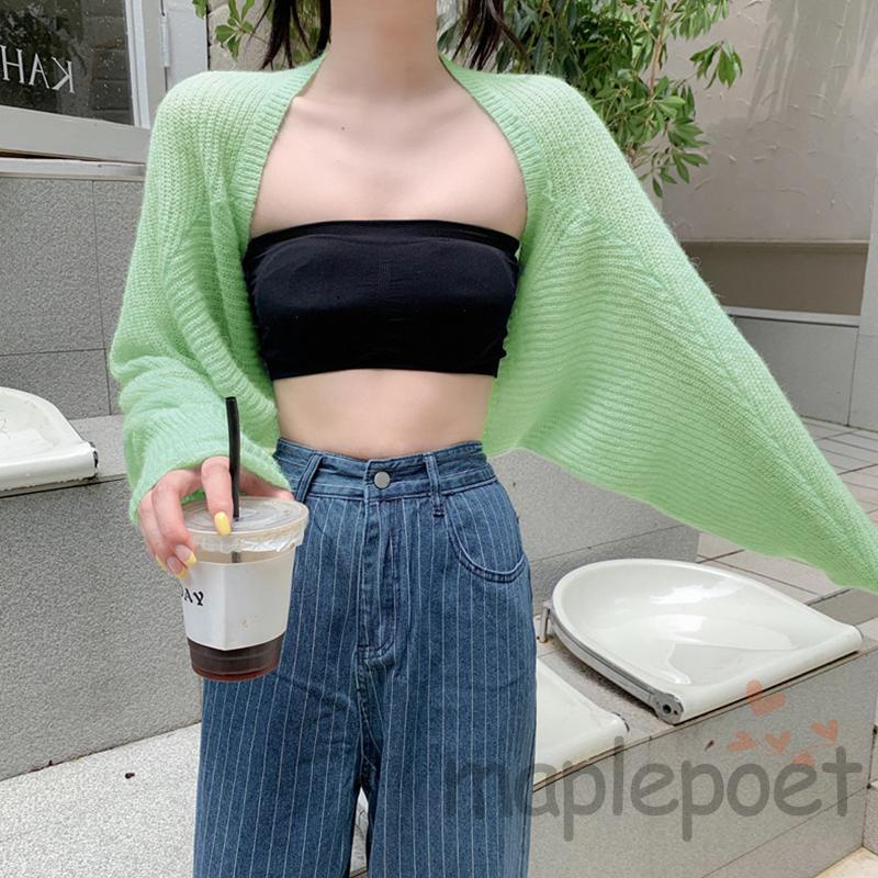 Áo Cardigan Dệt Kim Màu Trơn Tay Dài Chống Nắng Hở Trước Bolero Shrug Cho Nữ