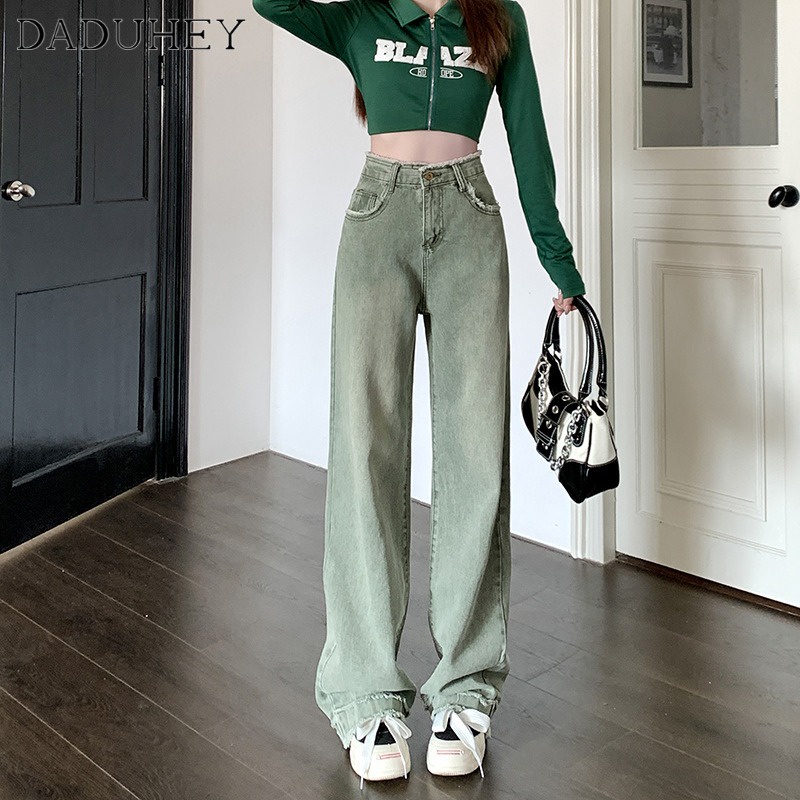 Ảnh Quần jean dài DADUHEY size lớn ống rộng thoải mái cạp cao vải giặt retro kiểu Mỹ cho nữ 4